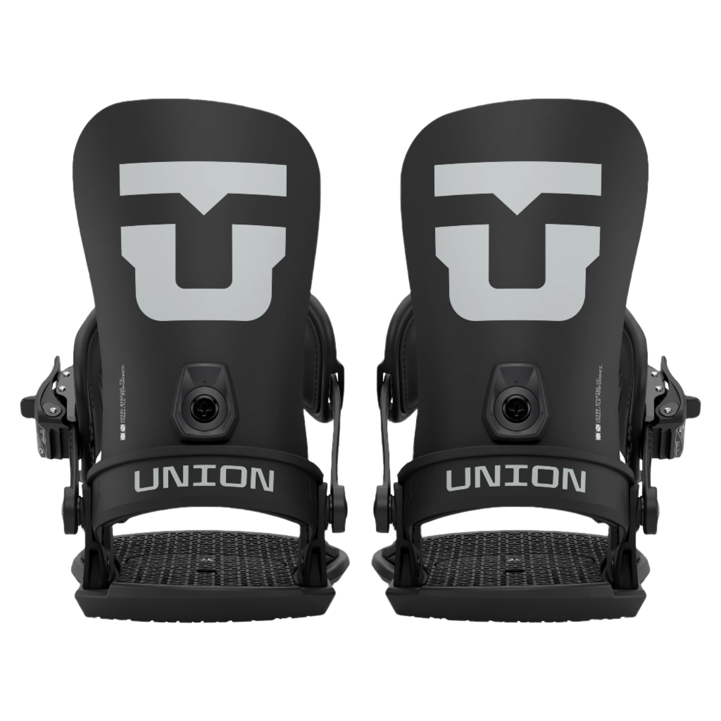 Union Strata Snowboard Bindings 2026 - Black bindings with a large gray "U" logo on top of each boot area.