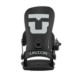 Union Strata Snowboard Bindings 2026 - Black bindings with a large white "U" logo on top of the left binding.