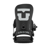 Union Strata Snowboard Bindings 2026 - Black bindings with a large white "U" logo on top of the left binding.