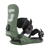 Union Strata Snowboard Bindings 2026 - A pair of olive green snowboard bindings with black buckles and straps, featuring a sleek design with silver accents on the buckles.
