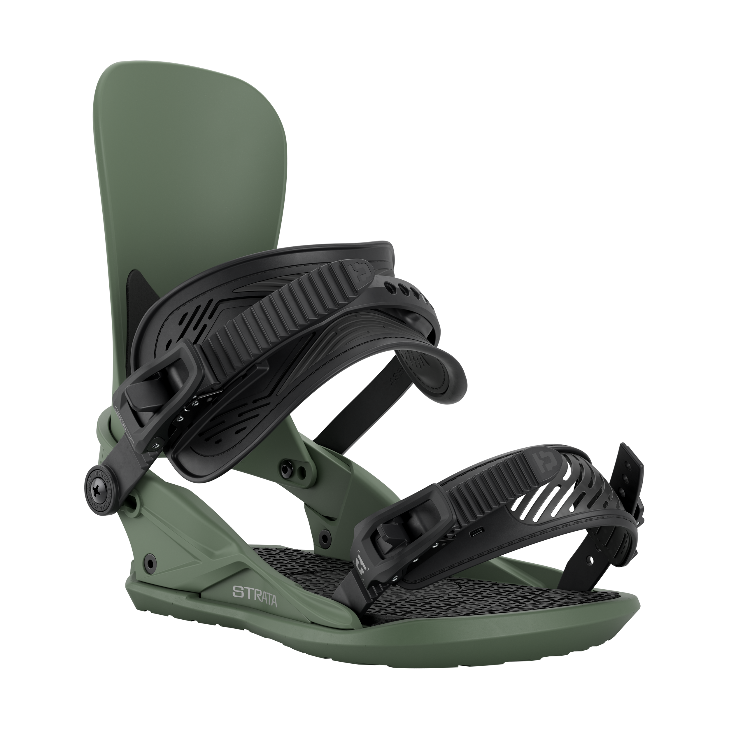 Union Strata Snowboard Bindings 2026 - A pair of dark green snowboard bindings with black buckles and straps.