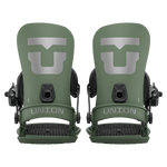 Union Strata Snowboard Bindings 2026 - A pair of green snowboard bindings with a large silver "U" logo on top, featuring black buckles and straps.