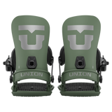 Union Strata Snowboard Bindings 2026 - A pair of green snowboard bindings with a large silver "U" logo on top, featuring black buckles and straps.