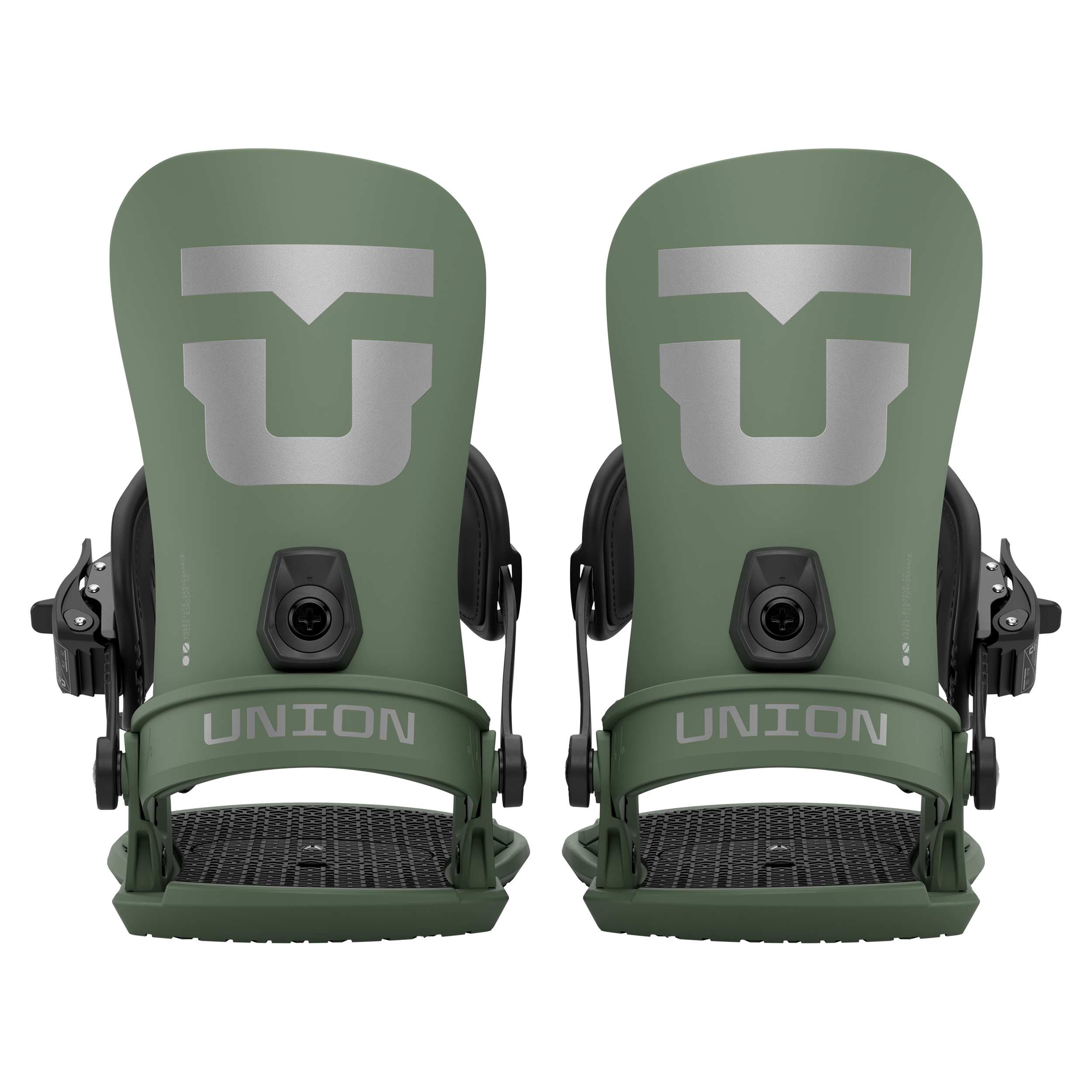Union Strata Snowboard Bindings 2026 - A pair of green snowboard bindings with a large silver "U" logo on top, featuring black buckles and straps.
