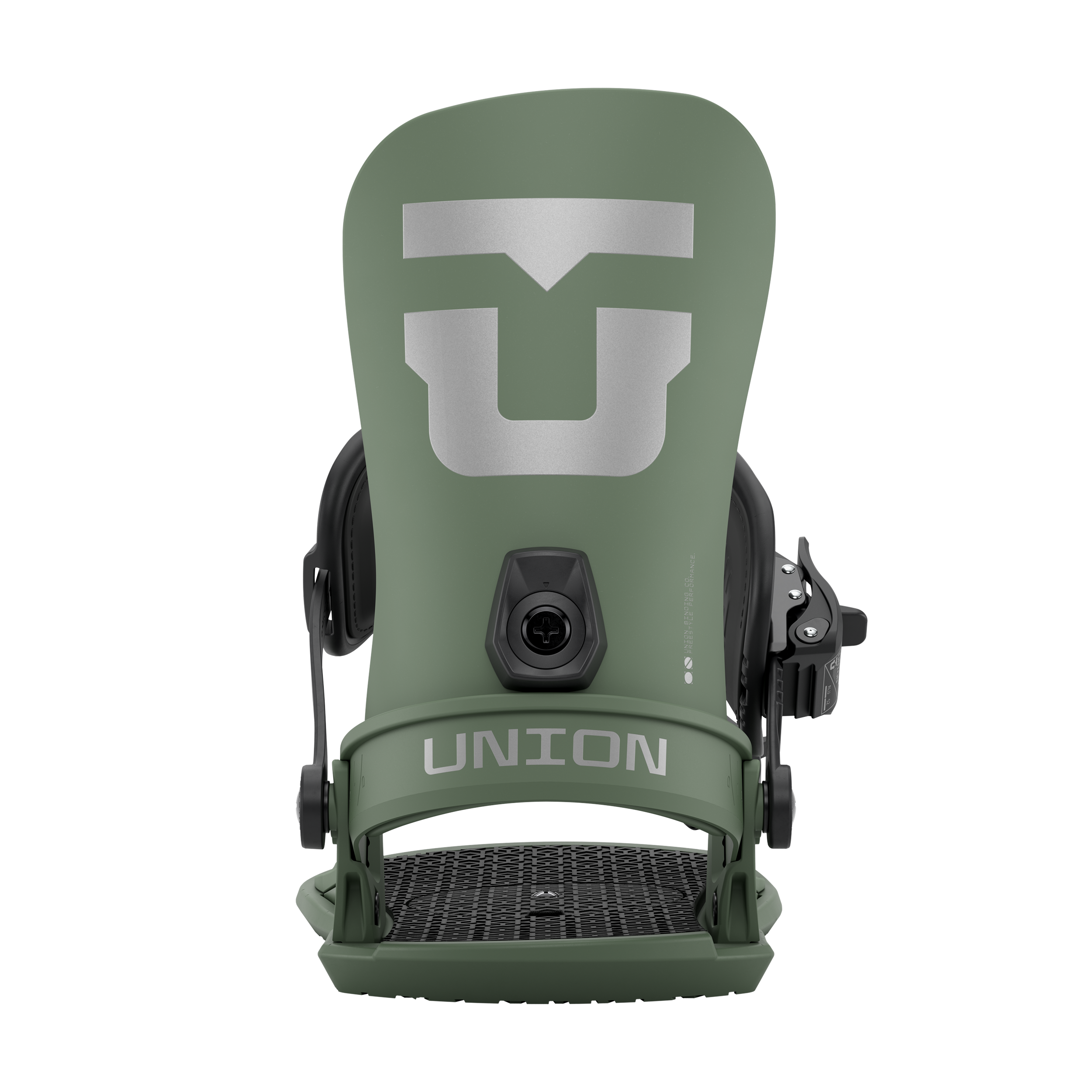 Union Strata Snowboard Bindings 2026 - A pair of olive green snowboard bindings with a large silver "U" logo on top and black buckles.