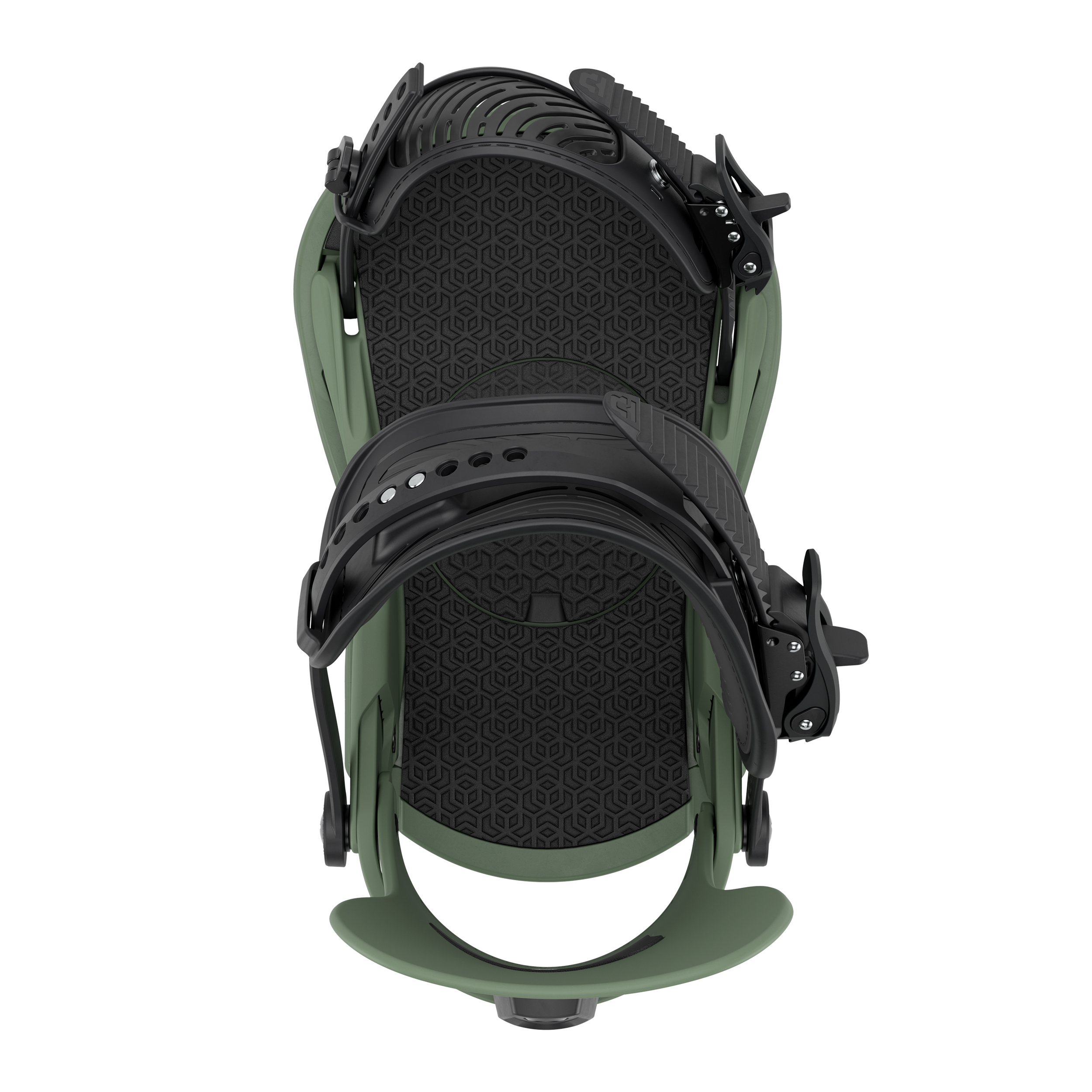 Union Strata Snowboard Bindings 2026 - A black snowboard binding with a geometric pattern on the straps and a silver buckle.