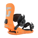 Union Strata Snowboard Bindings 2026 - A pair of snowboard bindings with a predominantly black base and silver lettering on the straps.