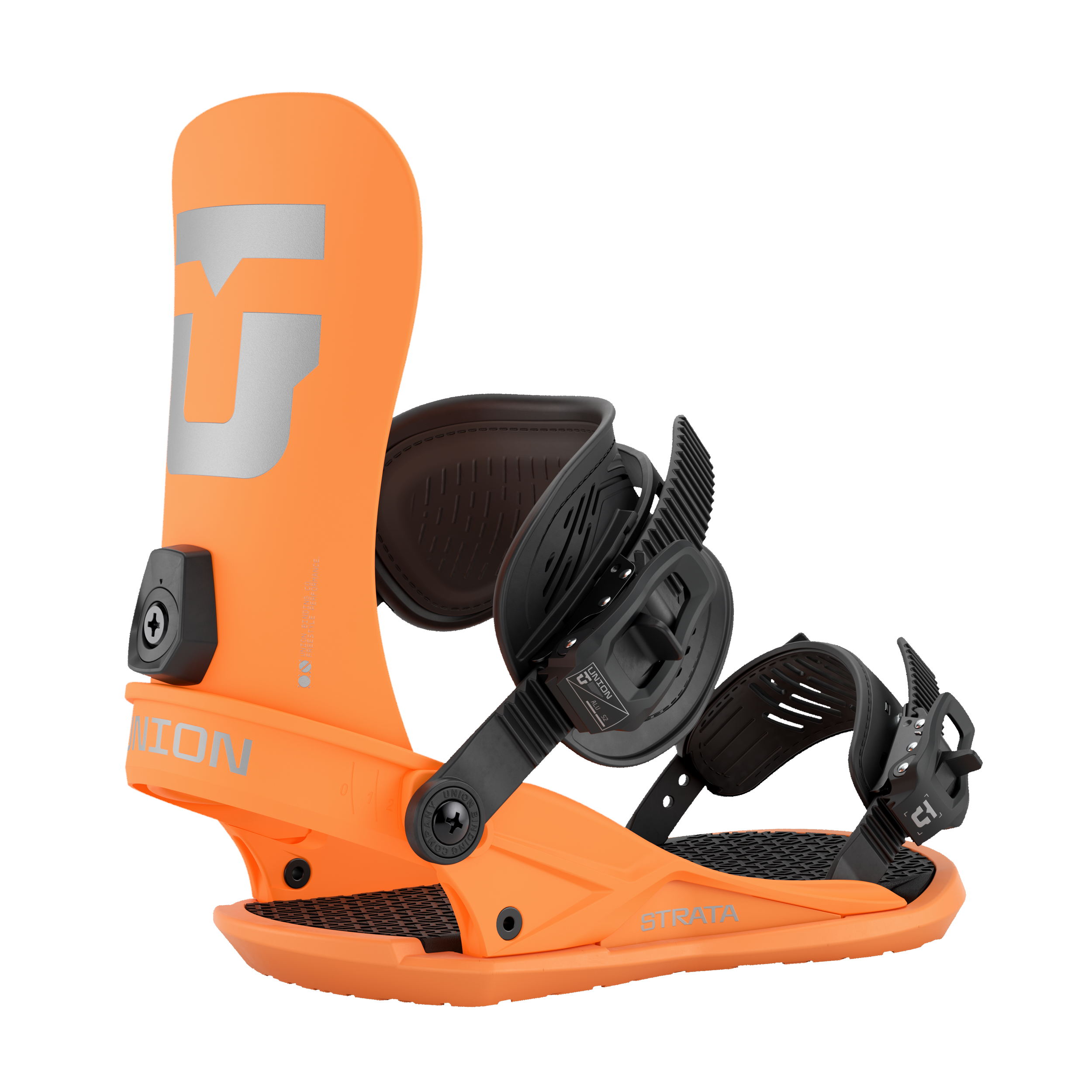 Union Strata Snowboard Bindings 2026 - A pair of snowboard bindings with a predominantly black base and silver lettering on the straps.