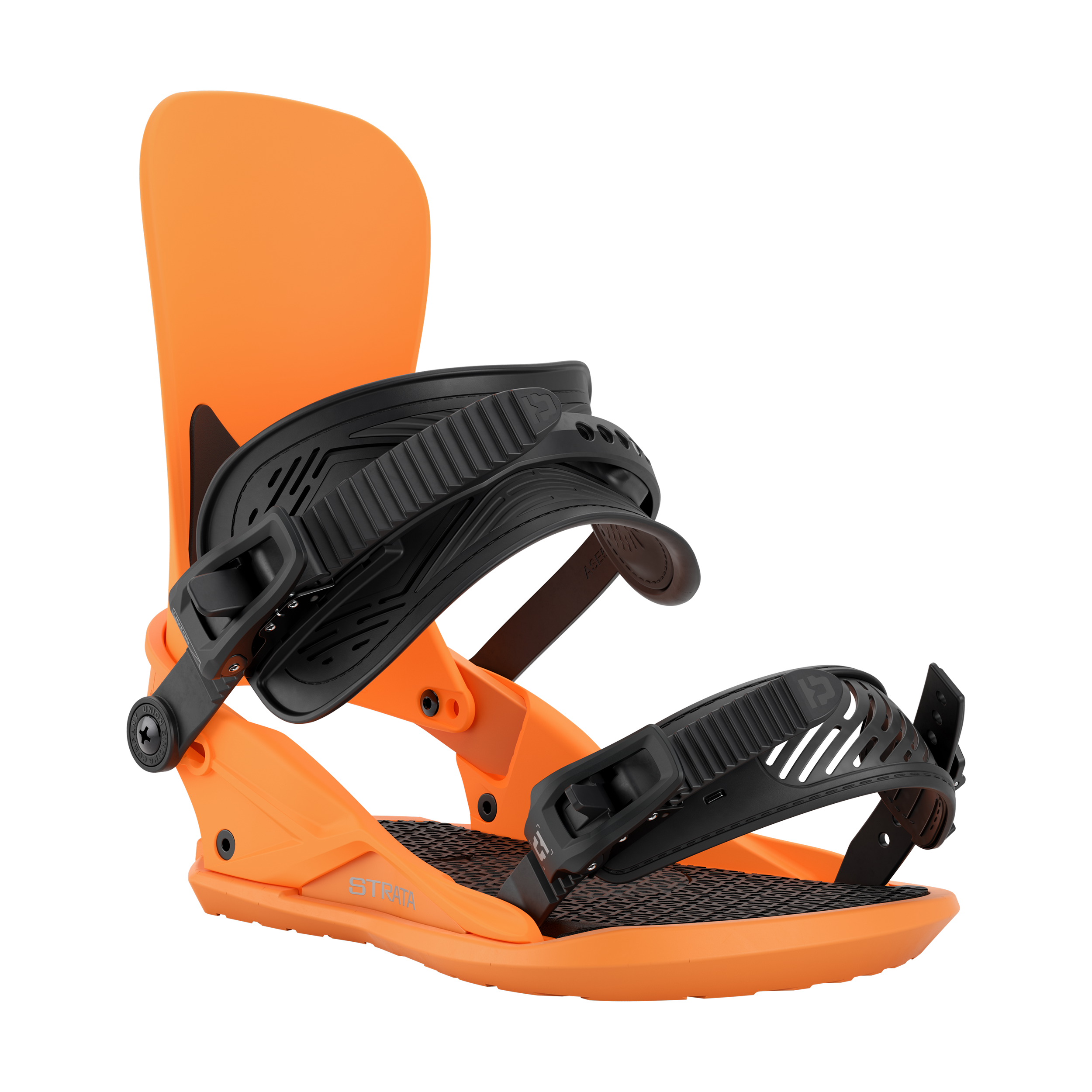 Union Strata Snowboard Bindings 2026 - A pair of black bindings with a sleek, modern design and silver buckles.