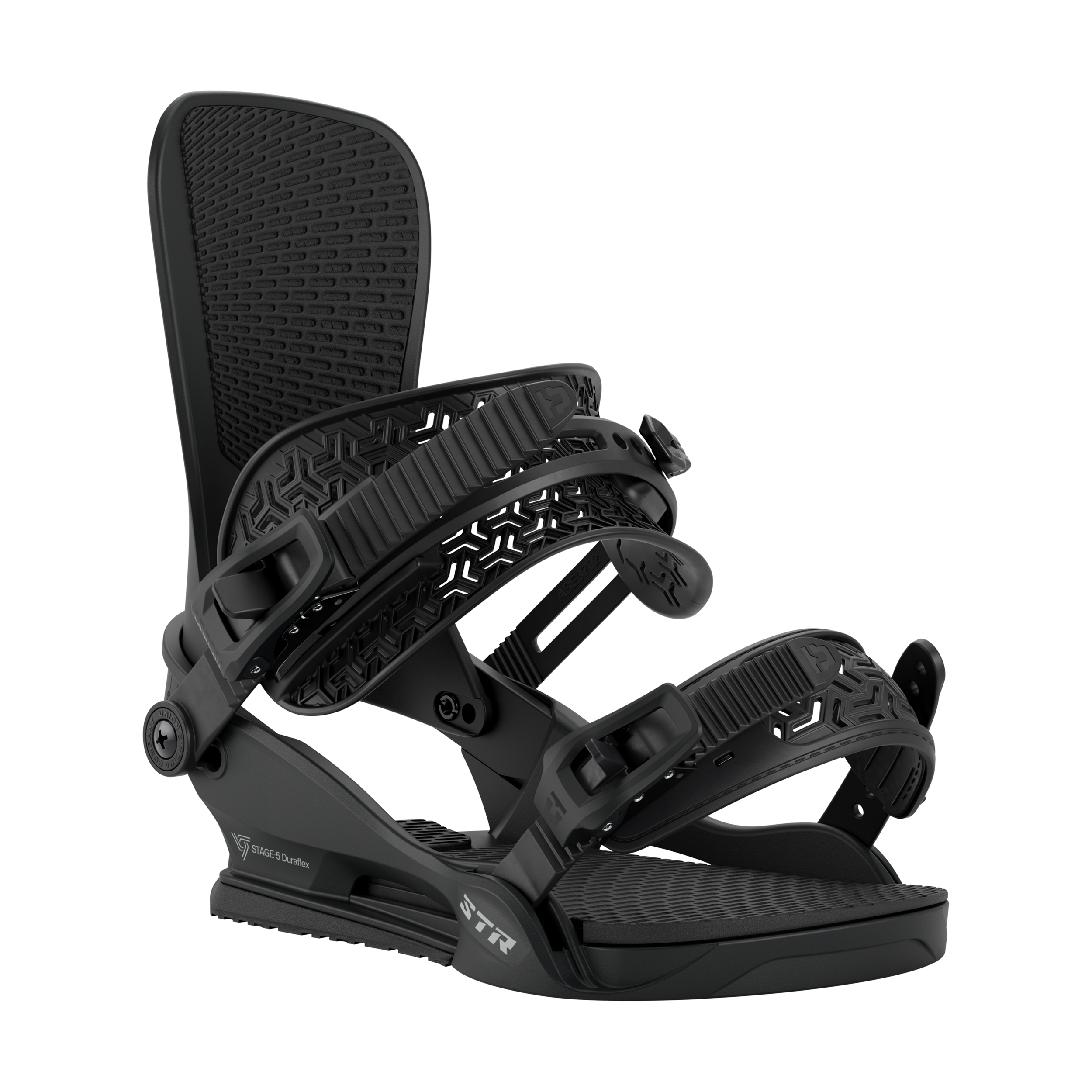 Union STR Snowboard Bindings - Black snowboard bindings with a geometric pattern on the straps and buckles.