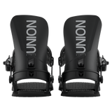Union STR Snowboard Bindings - Black bindings with a sleek, modern design featuring silver hardware and a subtle pattern on the straps.