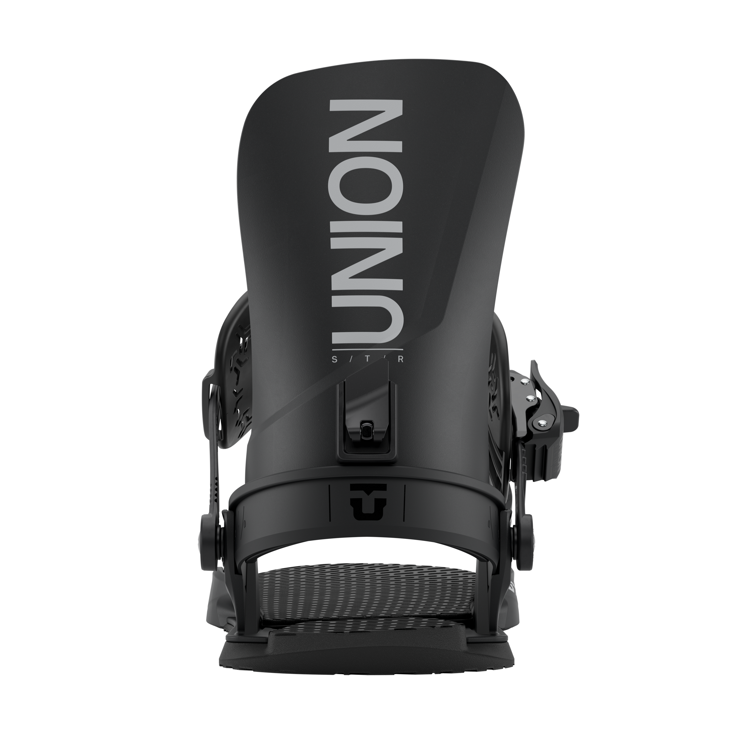Union STR Snowboard Bindings - Black bindings with silver screws on a white background.