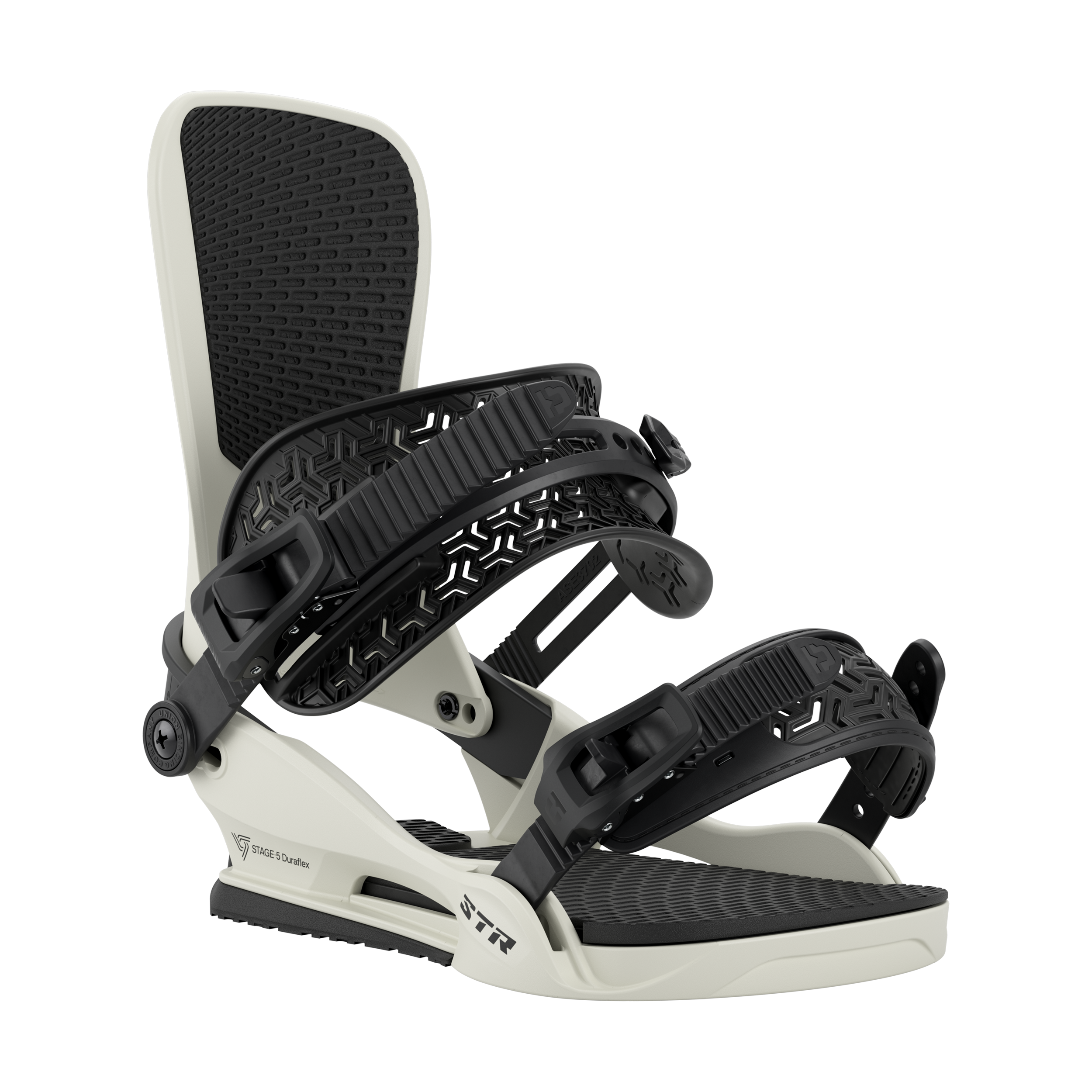 Union STR Snowboard Bindings - Black bindings with silver buckles on a white background.