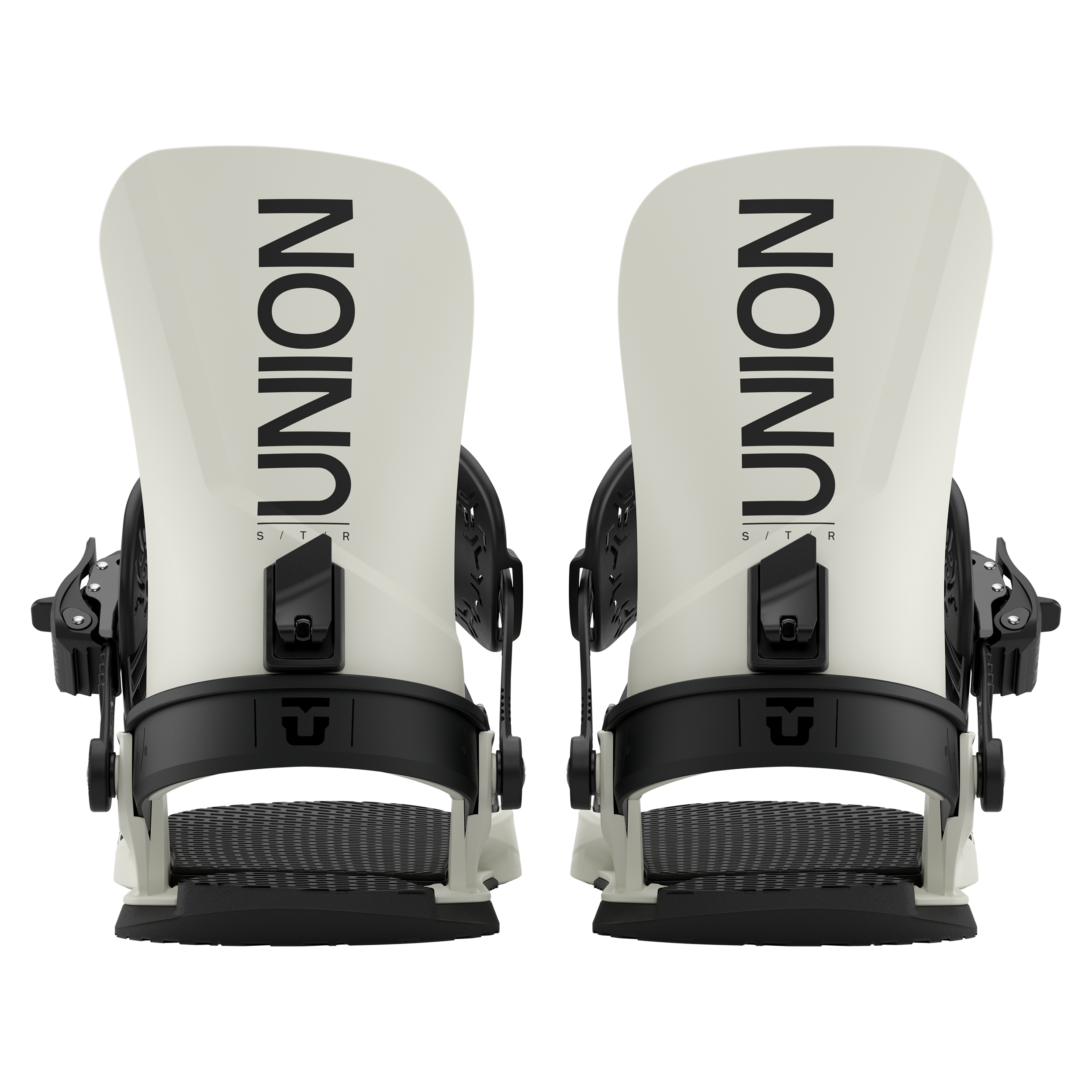 Union STR Snowboard Bindings - Black bindings with silver buckles on a white background.