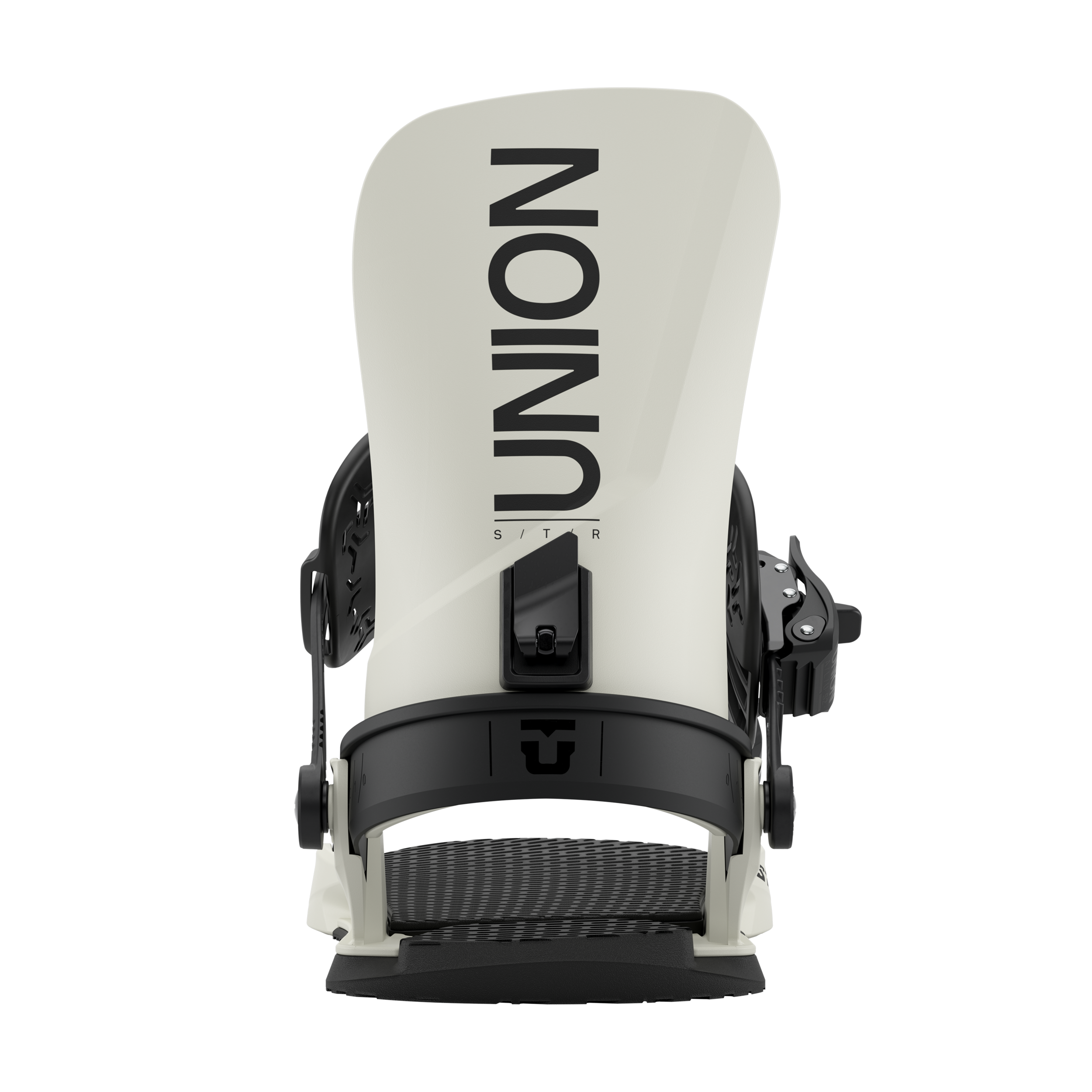 Union STR Snowboard Bindings - A pair of black snowboard bindings with a sleek, modern design and silver screws.