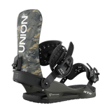 Union STR Snowboard Bindings - A pair of black snowboard bindings with a camouflage pattern on the straps and buckles.