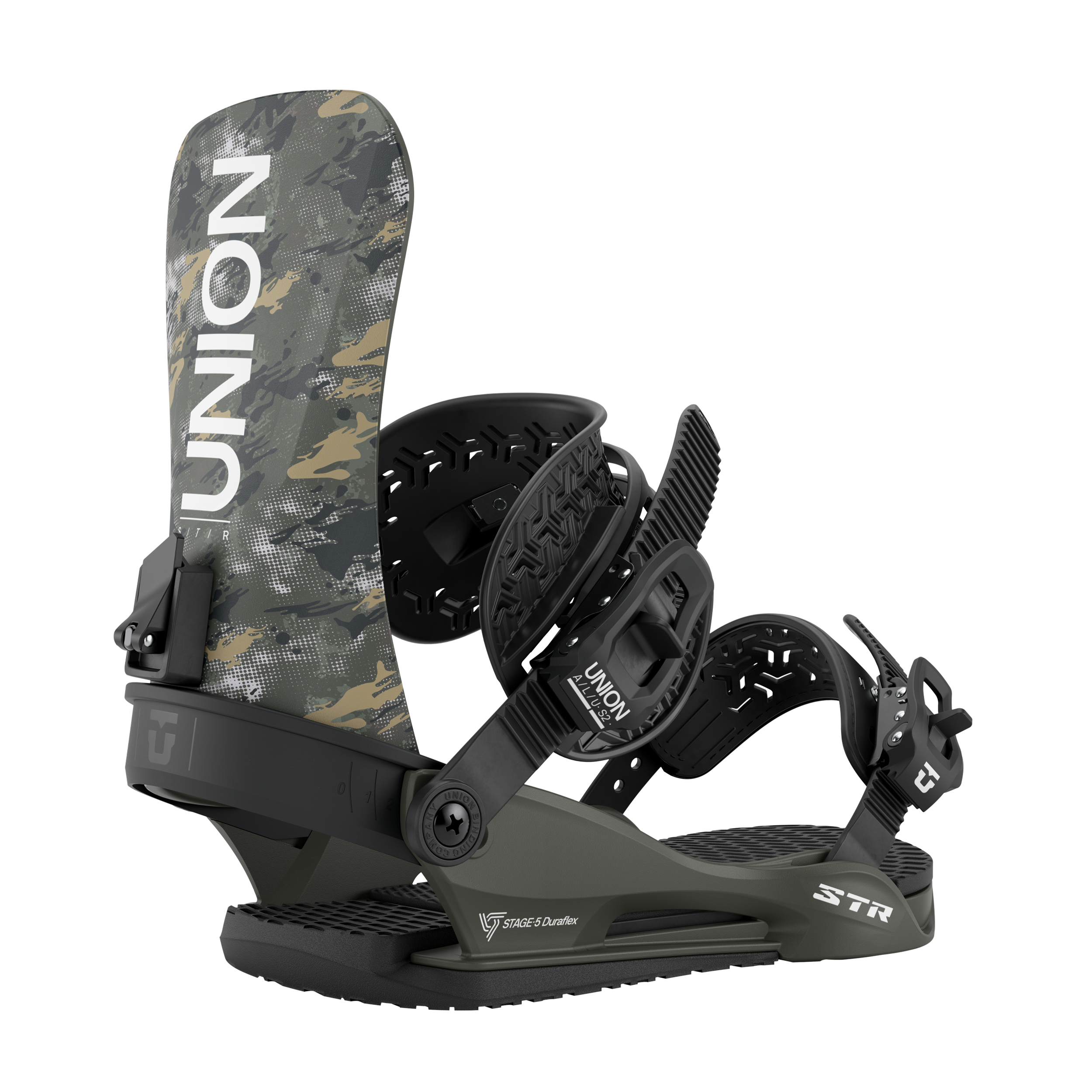 Union STR Snowboard Bindings - A pair of black snowboard bindings with a camouflage pattern on the straps and buckles.