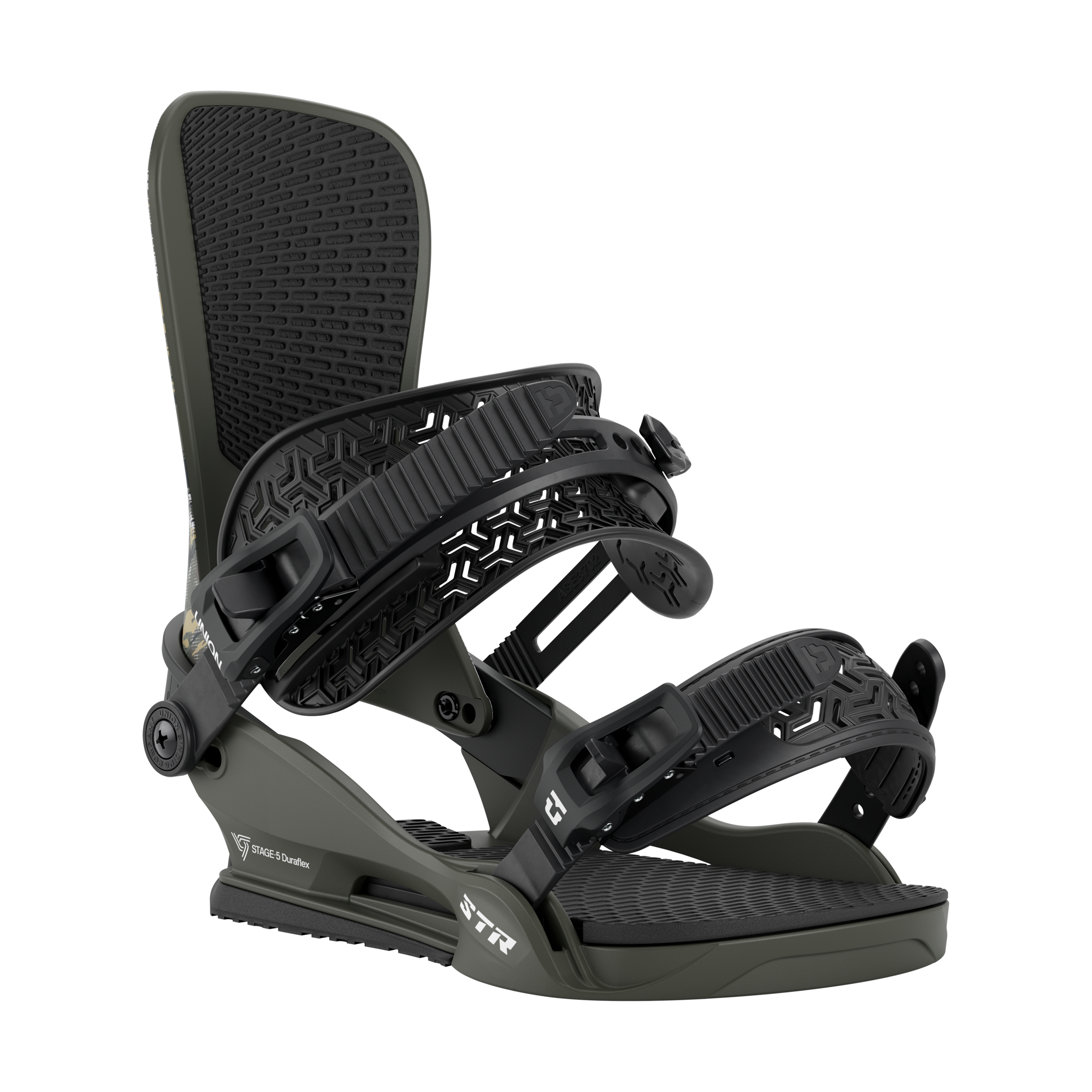 Union STR Snowboard Bindings - Black bindings with silver buckles and straps.