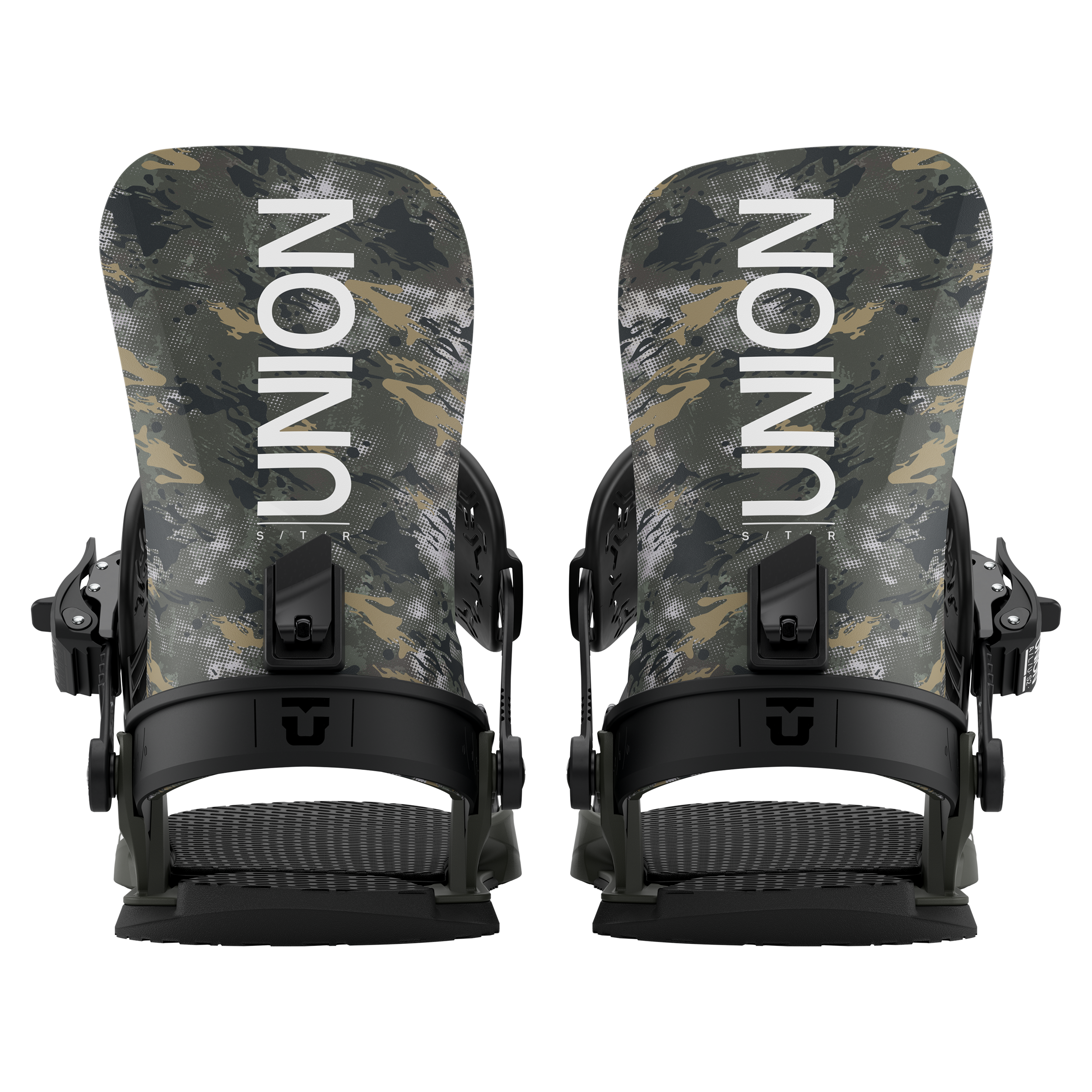 Union STR Snowboard Bindings - 2026 snowboard bindings with a sleek black design and silver buckles.