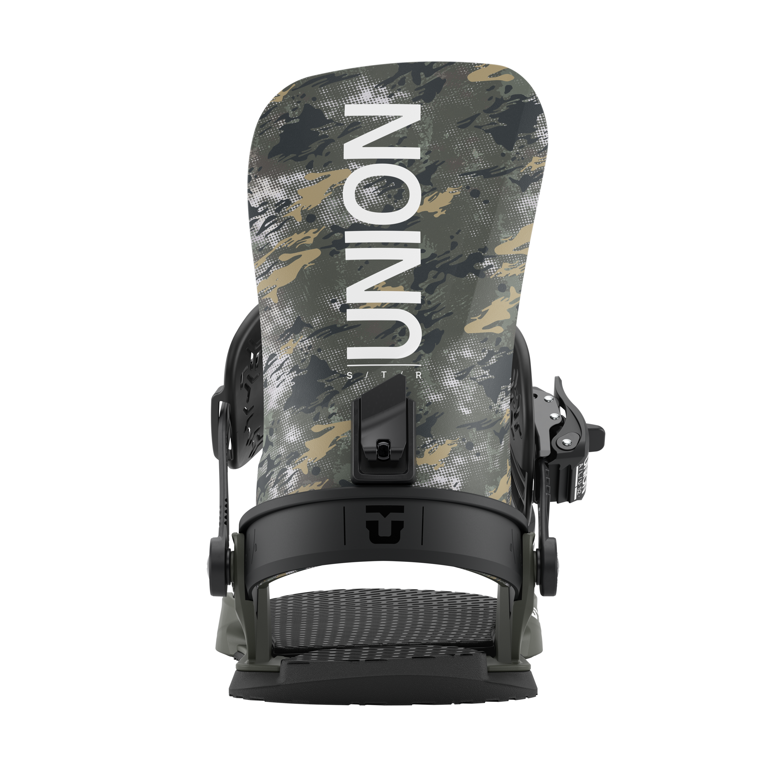 Union STR Snowboard Bindings - A pair of black snowboard bindings with silver screws and buckles.