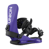 Union STR Snowboard Bindings - A pair of purple snowboard bindings with white lettering, featuring a black strap and buckle.