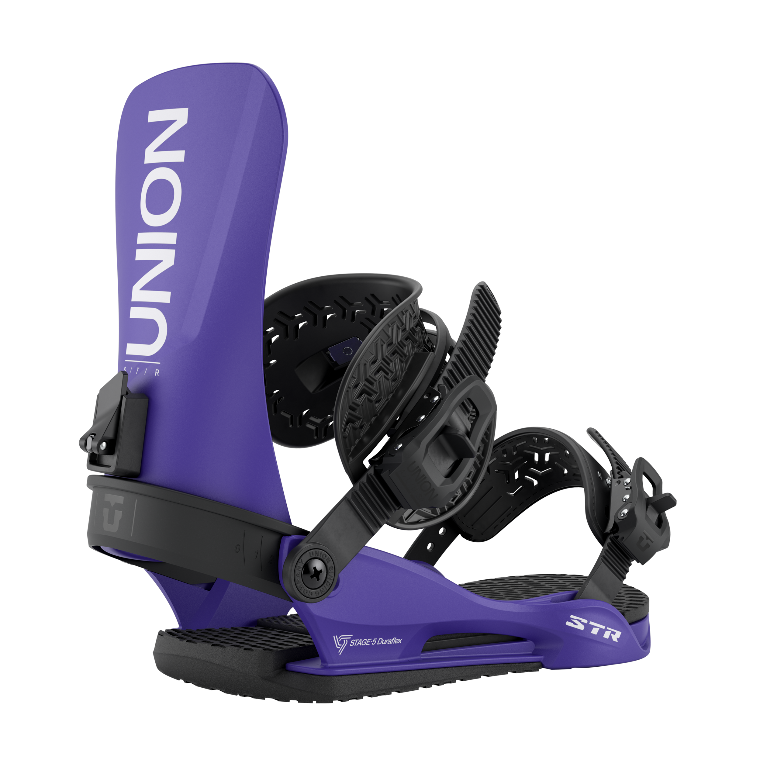 Union STR Snowboard Bindings - A pair of purple snowboard bindings with white lettering, featuring a black strap and buckle.
