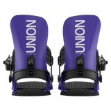 Union STR Snowboard Bindings - Pair of purple snowboard bindings with black buckles and straps.