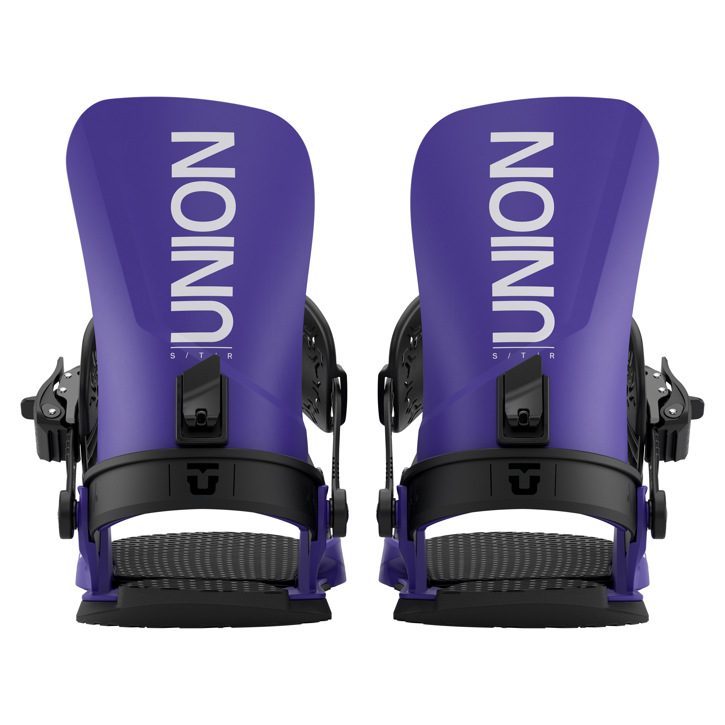 Union STR Snowboard Bindings - Pair of purple snowboard bindings with black buckles and straps.