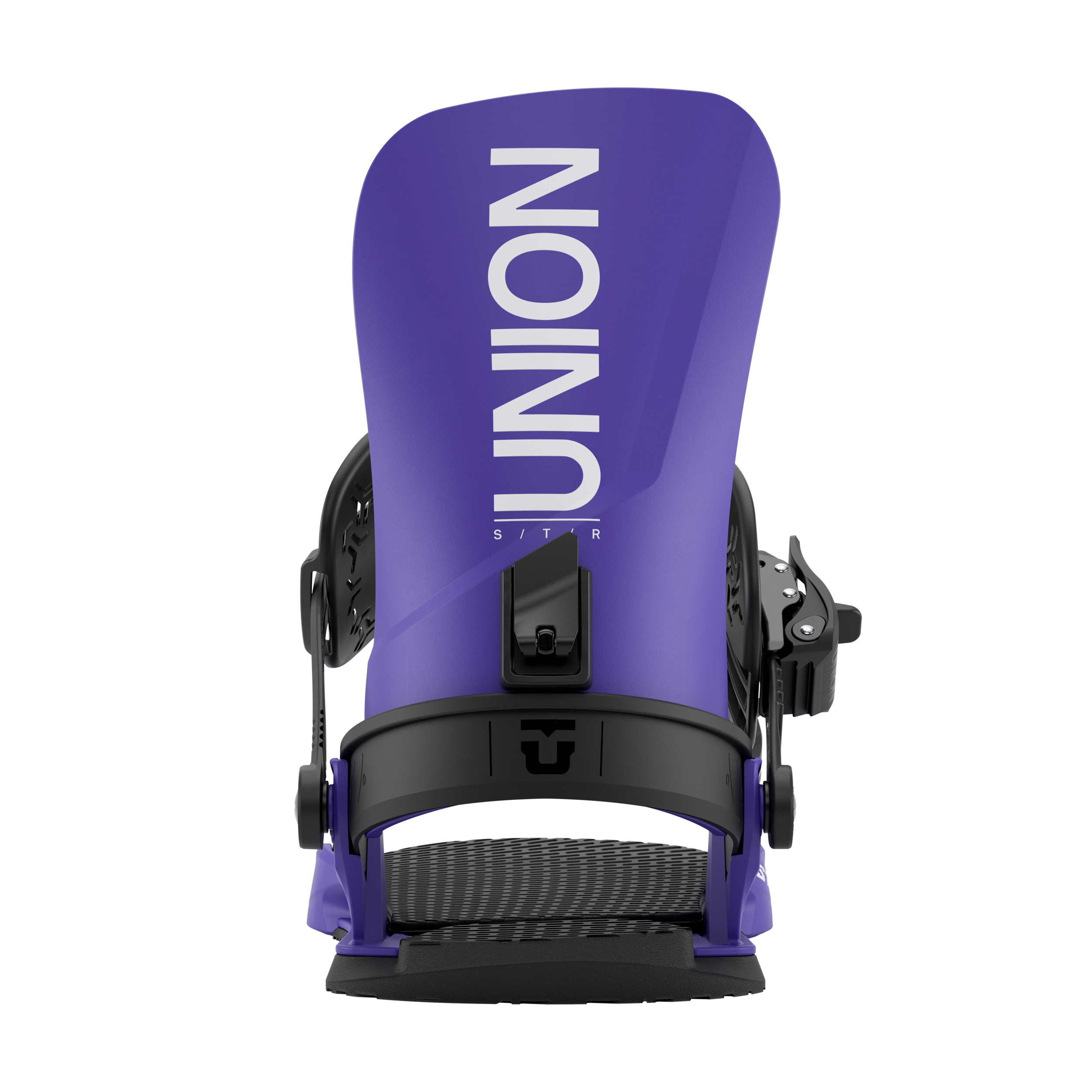 Union STR Snowboard Bindings - A pair of snowboard bindings with a sleek black strap and silver buckles.