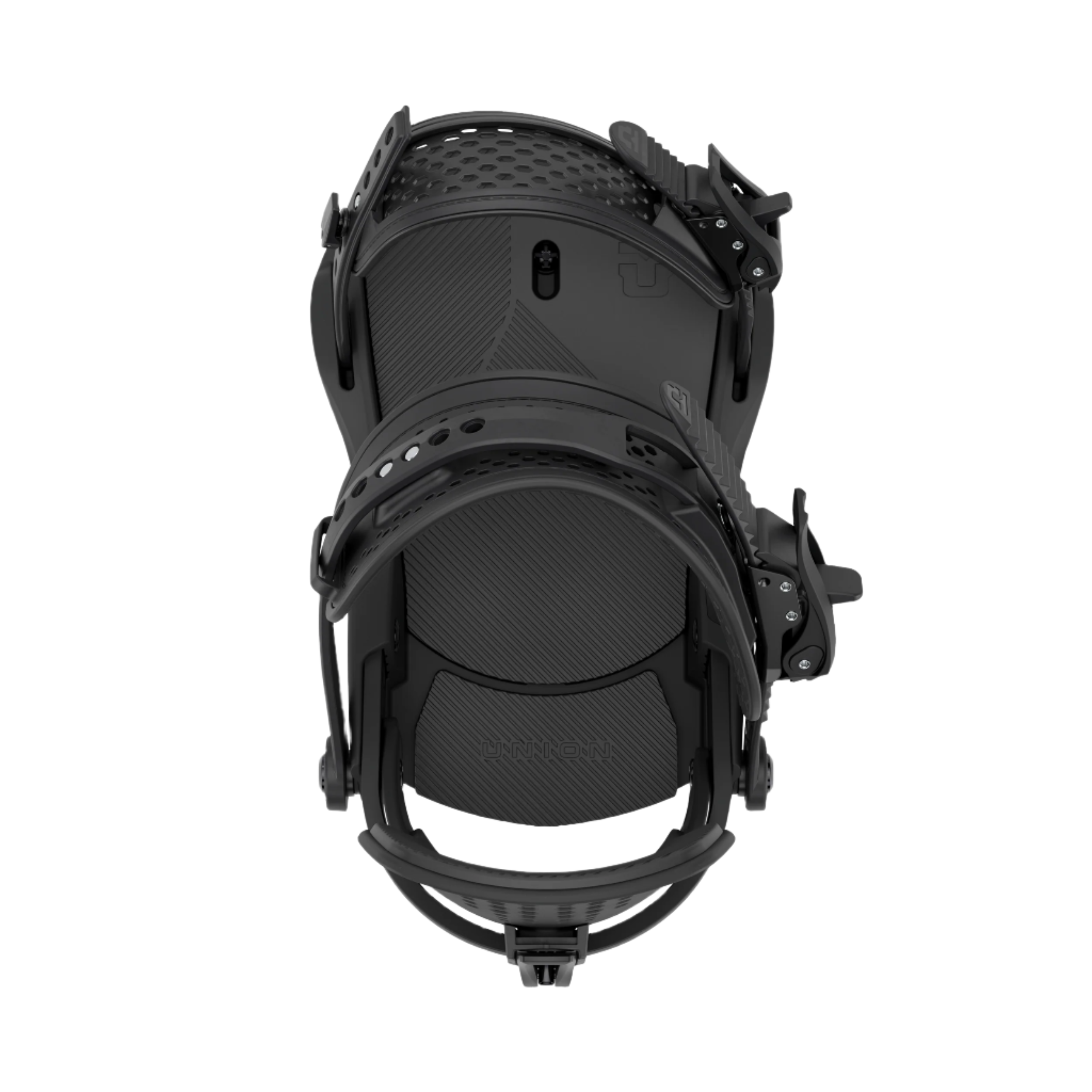 Union Women's Trilogy Snowboard Binding - A black snowboard binding with a textured pattern on the baseplate and straps, viewed from above.