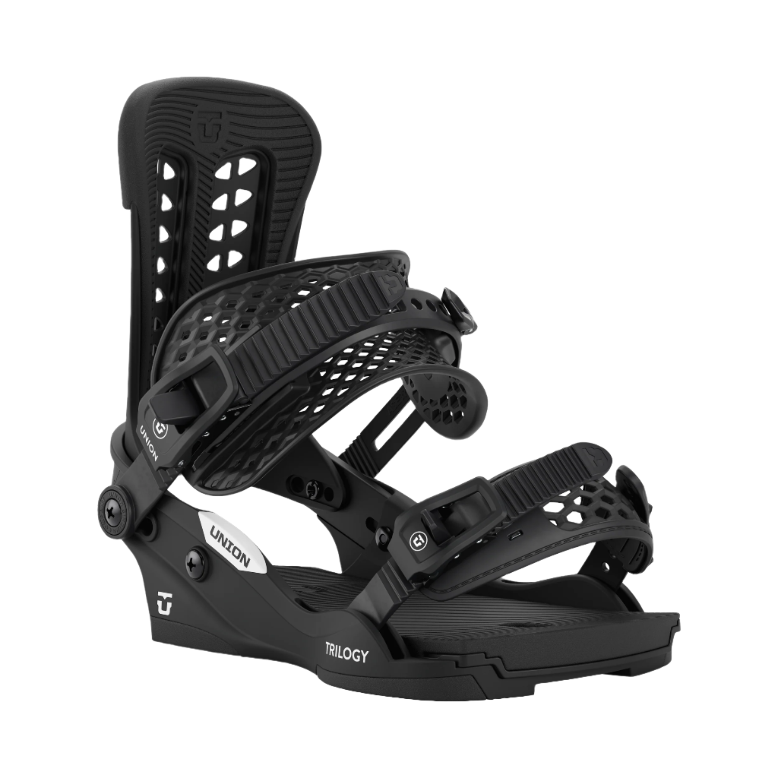 Union Women's Trilogy Classic Snowboard Binding - A black snowboard binding with a textured strap and a white logo on the side.