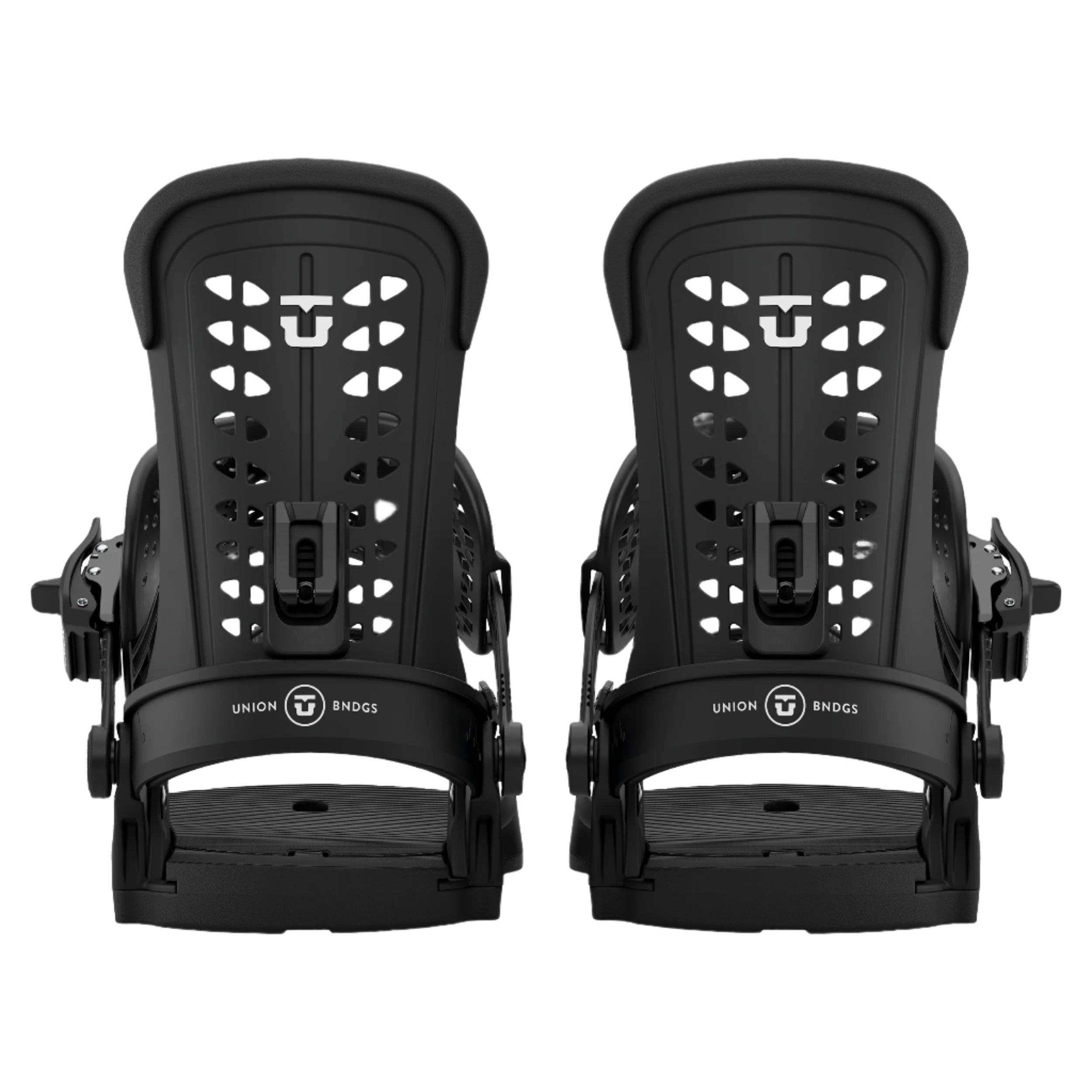 Union Women's Trilogy Classic Snowboard Binding - A black snowboard binding with a white logo on top and a small metal clip in the middle of the strap.