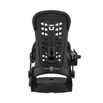 Union Women's Trilogy Classic Snowboard Binding - A black snowboard binding with a white logo on top and a strap that goes across the front of the boot.