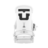 Union Women's Trilogy Classic Snowboard Binding - A white snowboard binding with a large black "U" logo on top, featuring a small metal clip in the center of the logo.