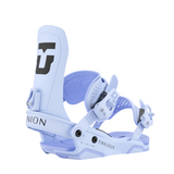 Union Women's Trilogy Snowboard Binding - A light blue snowboard binding with a black logo on the strap and a textured footbed.