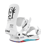 Union Ultra Snowboard Bindings 2026 - White bindings with black straps and buckles, featuring a minimalist design on a solid white baseplate.