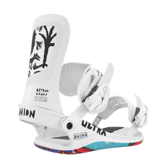 Union Ultra Snowboard Bindings 2026 - White bindings with black straps and buckles, featuring a minimalist design on a solid white baseplate.