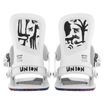 Union Ultra Snowboard Bindings 2026 - A pair of white snowboard bindings with a rectangular window on each footbed, featuring black silhouettes of trees and animals.