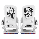 Union Ultra Snowboard Bindings 2026 - A pair of white snowboard bindings with a rectangular window on each footbed, featuring black silhouettes of trees and animals.