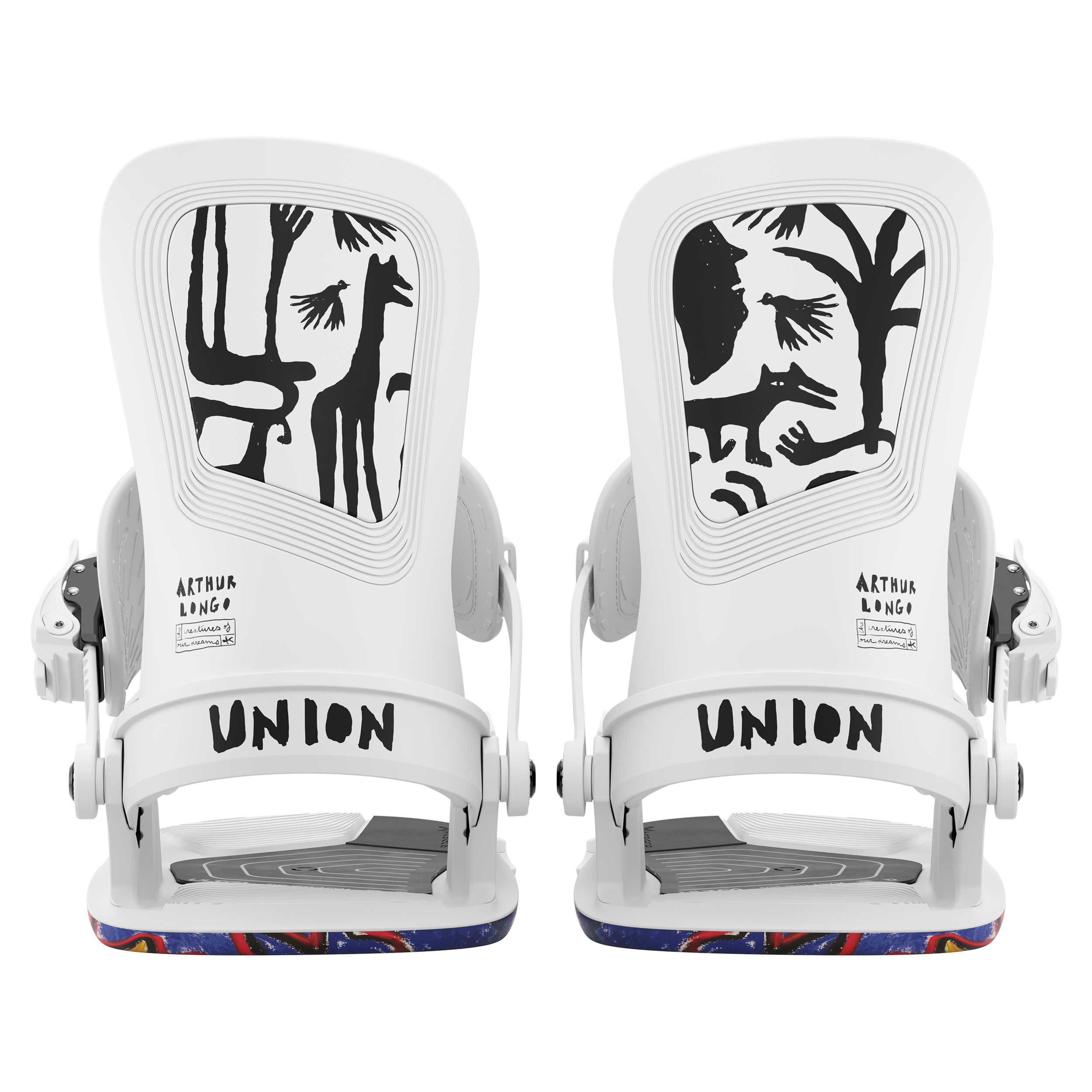Union Ultra Snowboard Bindings 2026 - A pair of white snowboard bindings with a rectangular window on each footbed, featuring black silhouettes of trees and animals.