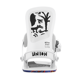 Union Ultra Snowboard Bindings 2026 - A pair of white snowboard bindings with a black logo on the top strap and a silver buckle.