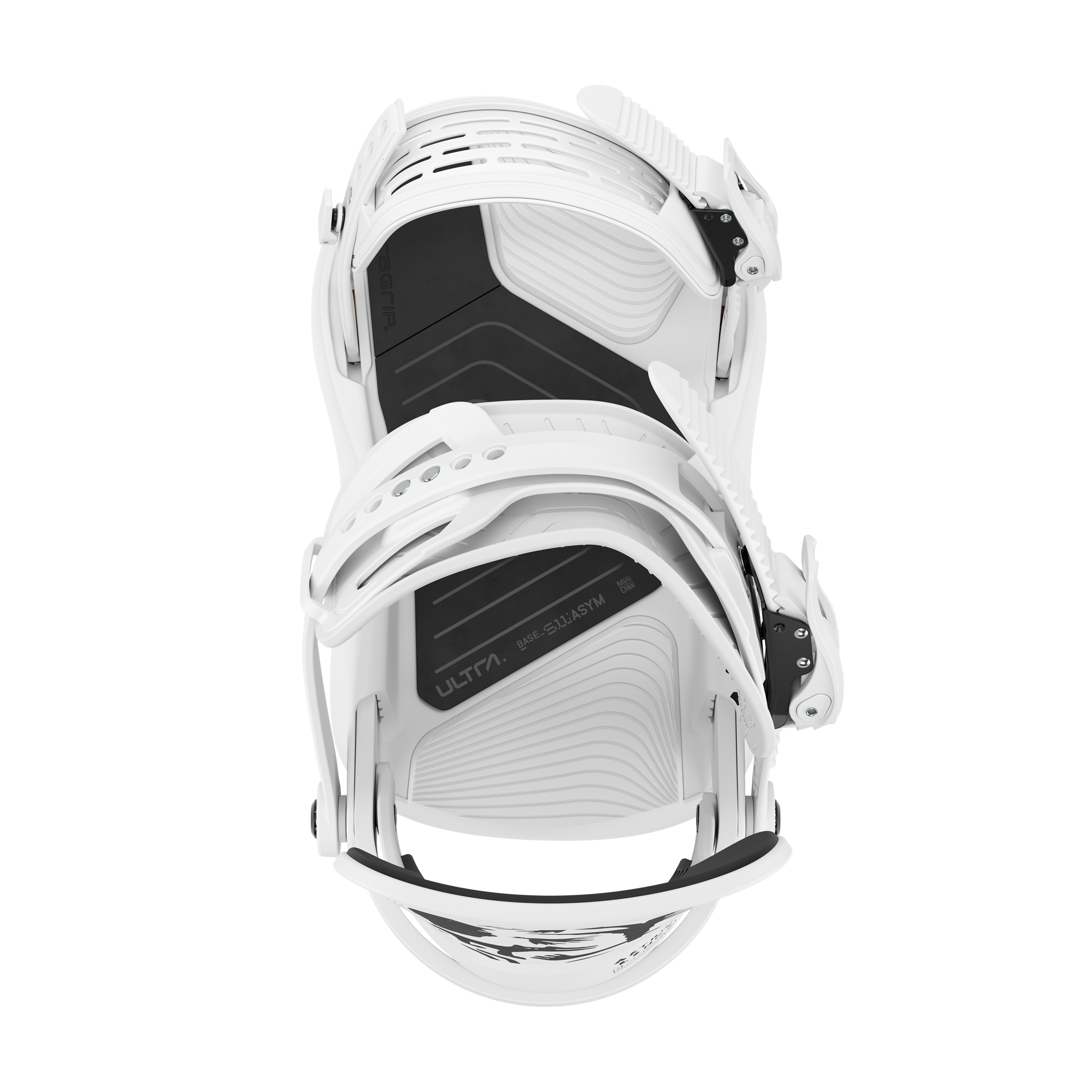 Union Ultra Snowboard Bindings - White snowboard bindings with black straps and buckles.