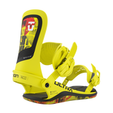 Union Ultra Snowboard Bindings 2026 - A pair of yellow snowboard bindings with a black base and red accents on the straps.