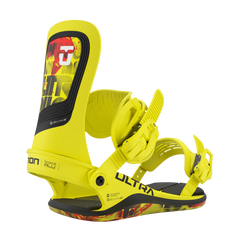 Union Ultra Snowboard Bindings 2026 - A pair of yellow snowboard bindings with a black base and red accents on the straps.