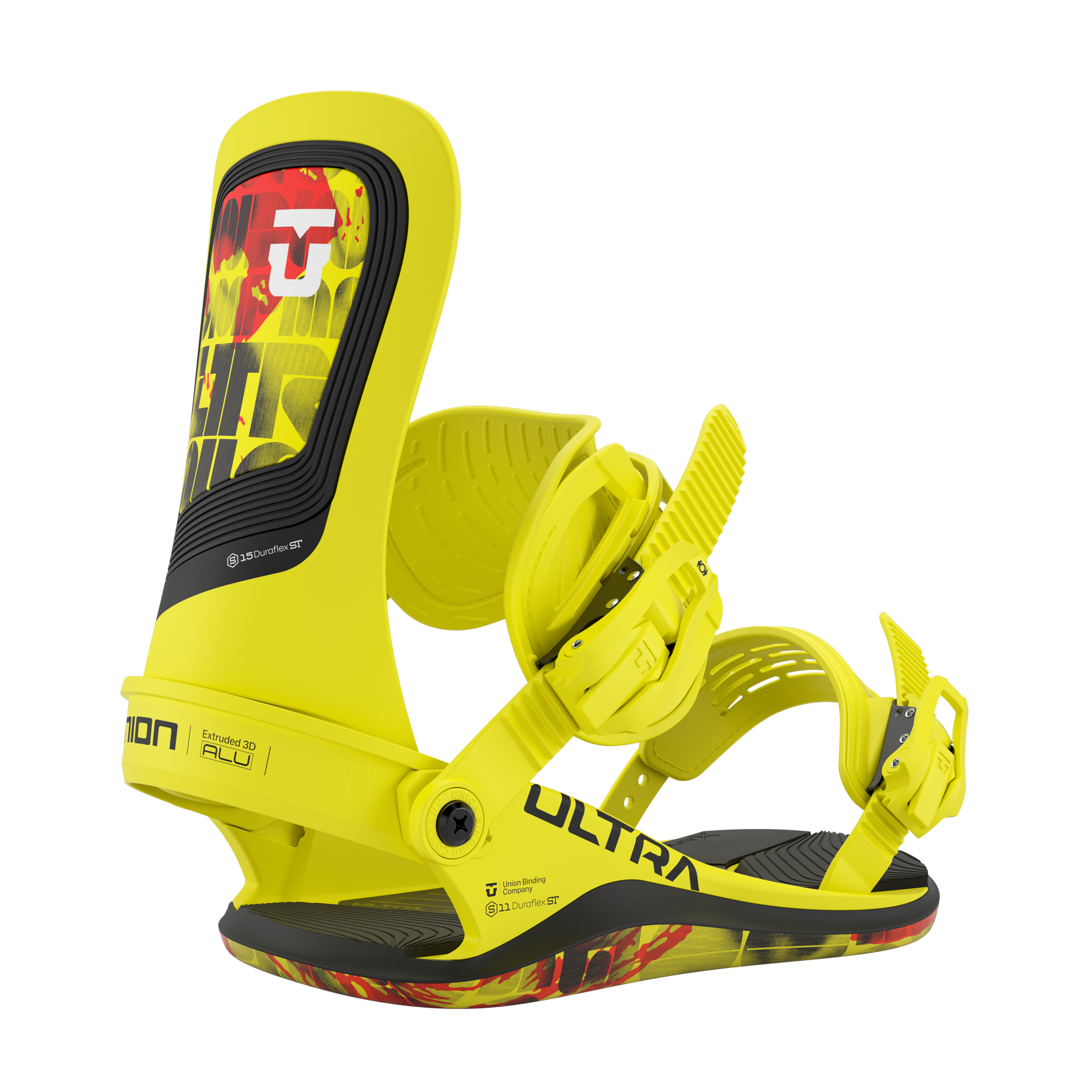 Union Ultra Snowboard Bindings 2026 - A pair of yellow snowboard bindings with a black base and red accents on the straps.