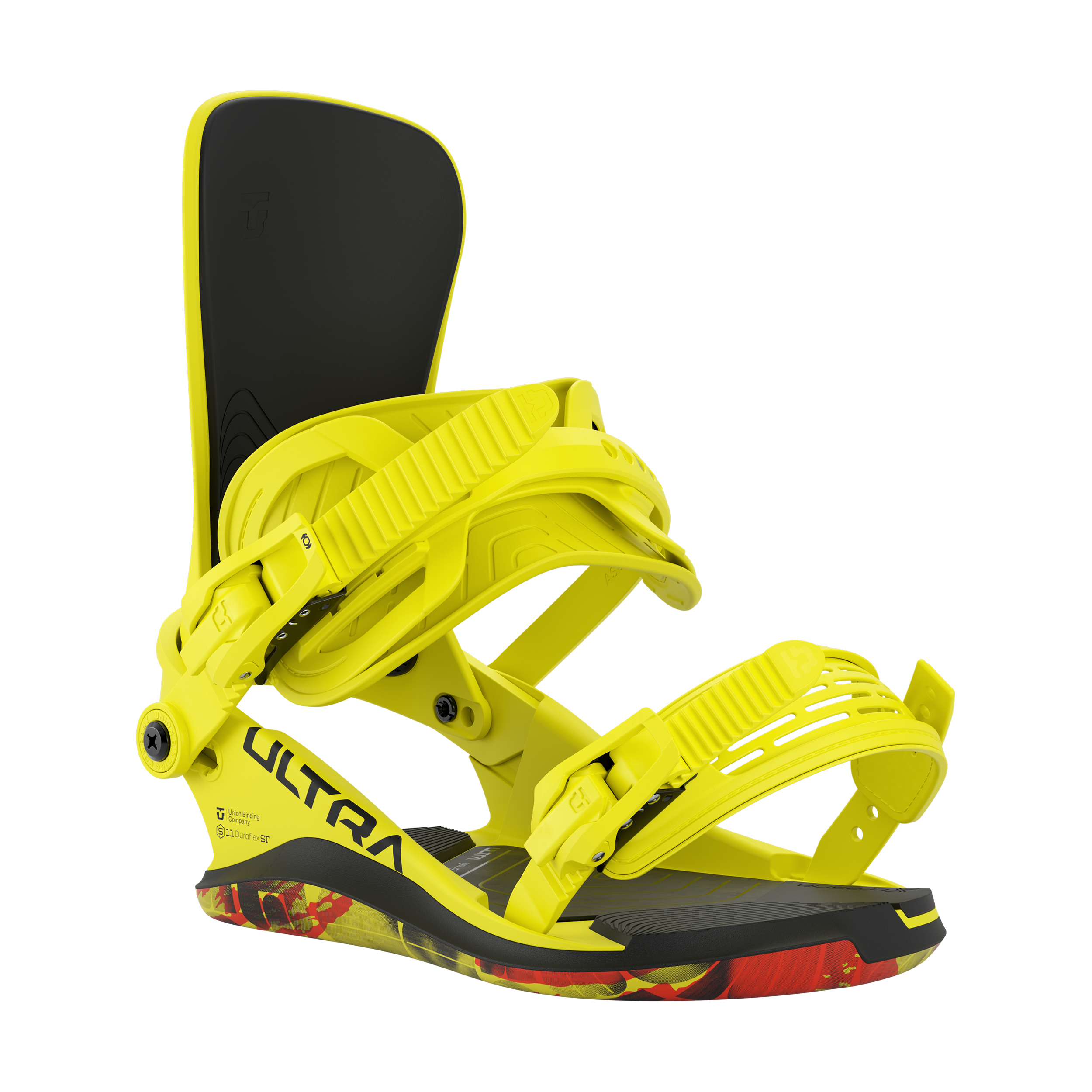 Union Ultra Snowboard Bindings 2026 - A pair of yellow snowboard bindings with black straps and buckles, featuring a sleek design on a white background.