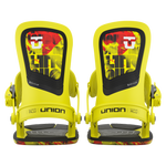 Union Ultra Snowboard Bindings 2026 - A pair of yellow snowboard bindings with black straps and buckles, featuring a red and white logo on the top strap.