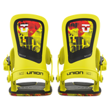 Union Ultra Snowboard Bindings 2026 - A pair of yellow snowboard bindings with black straps and buckles, featuring a red and white logo on the top strap.