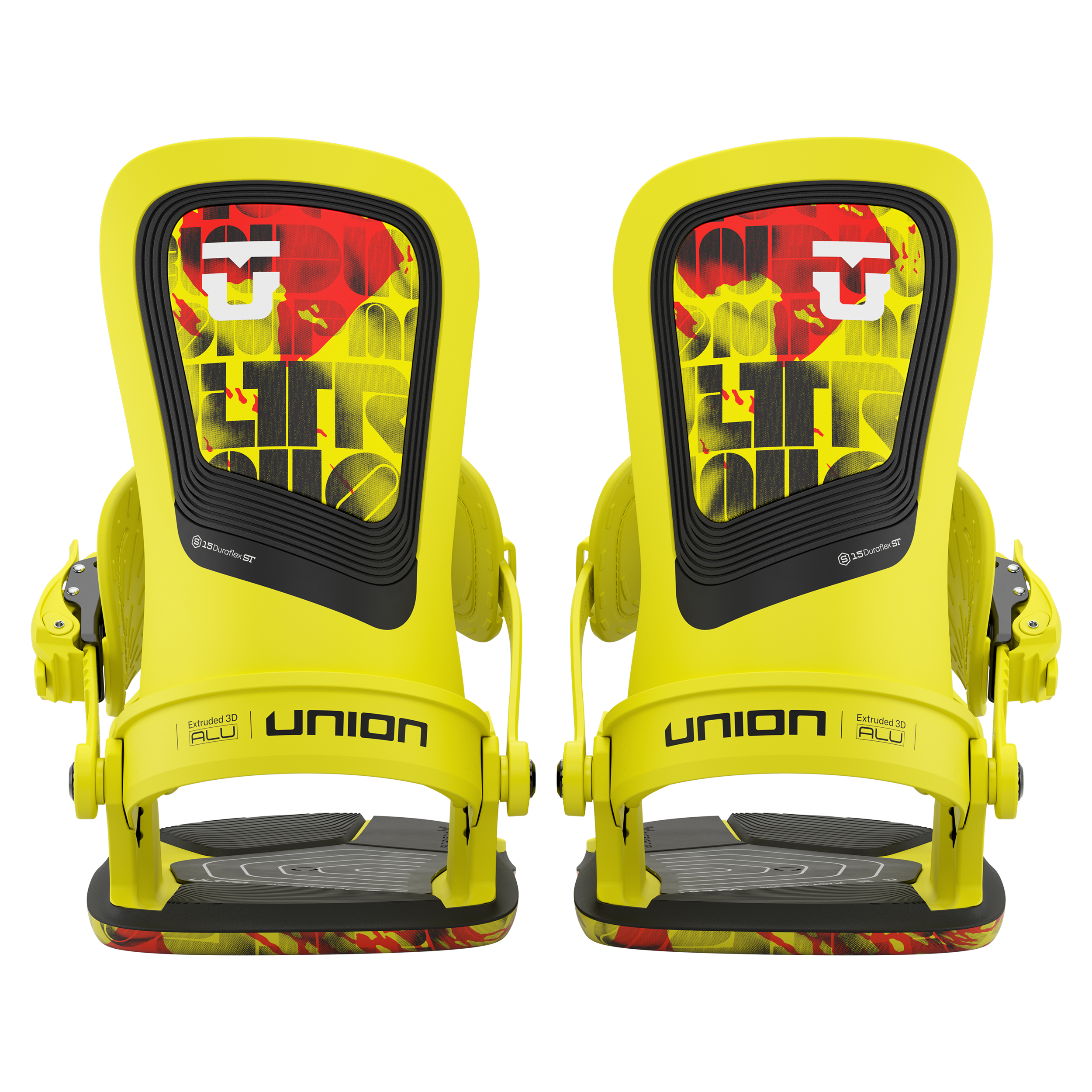 Union Ultra Snowboard Bindings 2026 - A pair of yellow snowboard bindings with black straps and buckles, featuring a red and white logo on the top strap.
