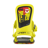 Union Ultra Snowboard Bindings 2026 - A pair of yellow snowboard bindings with a black base and red accents on the straps.